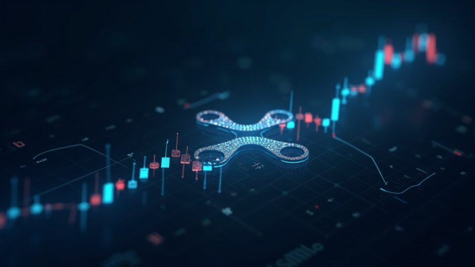 Logo de XRP sobre gráfico ascendente con hologramas estilo Nasdaq, sugiriendo acceso regulado y liquidez institucional.