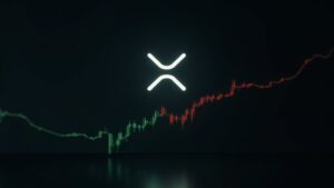 Logo realista de XRP centrado, canal bajista y brillo verde que se desvanece en rojo, señal de riesgo regulatorio.