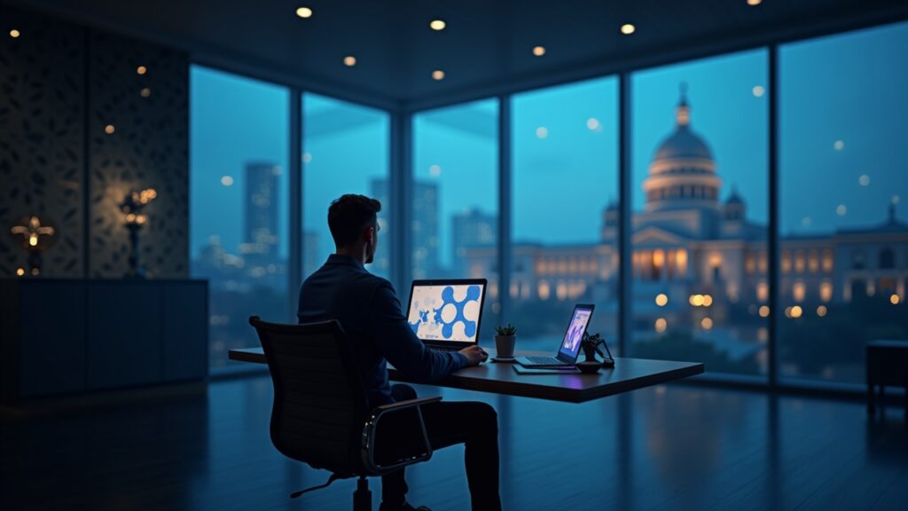 Trader fotorrealista en una oficina elegante con pantalla de Ripple XRP y claraboya de tribunal que señala regulación vs DeFi.