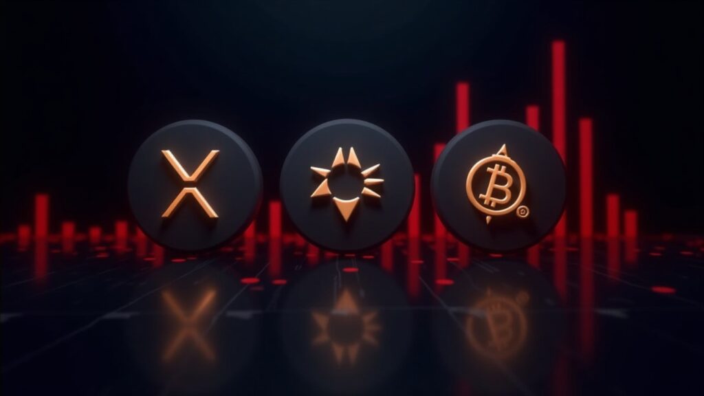 Tres glifos de XRP, ZEC y STRK sobre un piso de negociación oscuro, con barras rojas de liquidación y símbolos de ETF y BTC
