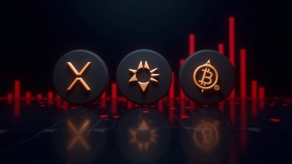 Tres glifos de XRP, ZEC y STRK sobre un piso de negociación oscuro, con barras rojas de liquidación y símbolos de ETF y BTC