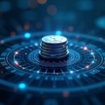 Primer plano de una interfaz XRPL futurista, con XRP orbitando un nodo de gobernanza de dos niveles, simbolizando staking y crecimiento DeFi.