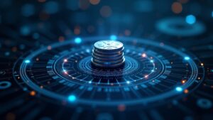 Primer plano de una interfaz XRPL futurista, con XRP orbitando un nodo de gobernanza de dos niveles, simbolizando staking y crecimiento DeFi.
