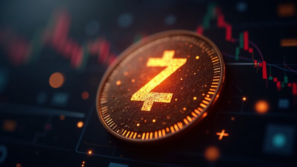 Escudo Zcash iluminado en primer plano, gráfico BTC desenfocado y UI de nodo Astar.