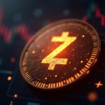 Escudo Zcash iluminado en primer plano, gráfico BTC desenfocado y UI de nodo Astar.