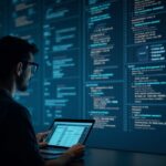 Programador observando pantalla translúcida con transacciones Zcash protegidas, Orchard y NU5, cuenta regresiva de halving.