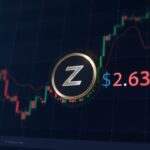 Logotipo de Zcash sobre una pantalla de trading digital con un gráfico ascendente y cuenta regresiva de halving, evocando privacidad y regulación.