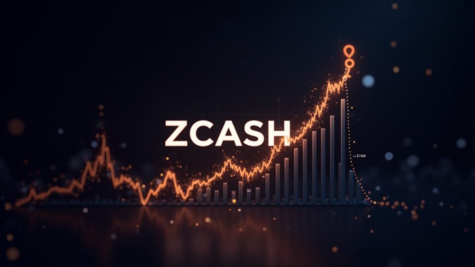 Logo de Zcash rompiendo la resistencia en $748, con barras de volumen al alza, un escudo de privacidad y DeFi.