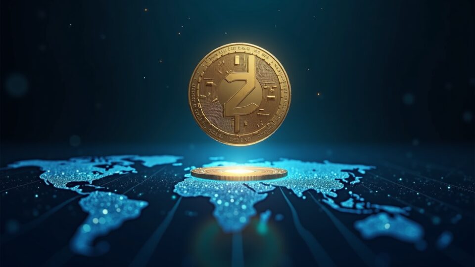 Moneda ZEC flotando sobre una bóveda transparente, rodeada de nodos globales, simbolizando custodia, privacidad.