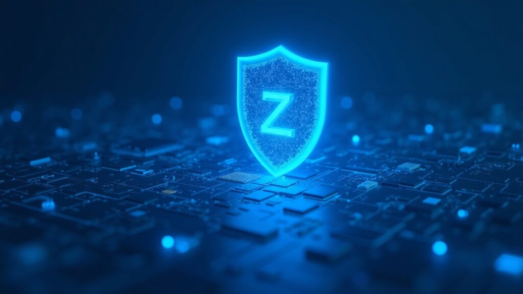 Encabezado fotorrealista: motivo Zcash shielded sobre rejilla cripto, ZEC sube y BTC cae, paleta azul fría.