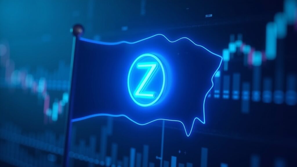 Gráfico de precios de criptomoneda con bandera alcista, símbolo ZEC brillando en el centro, tono azul neón.