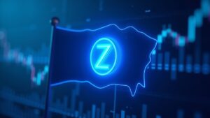 Gráfico de precios de criptomoneda con bandera alcista, símbolo ZEC brillando en el centro, tono azul neón.