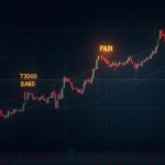 Gráfico realista de Bitcoin con banda de max pain 73k-84k; analista señala la zona en una oficina moderna.