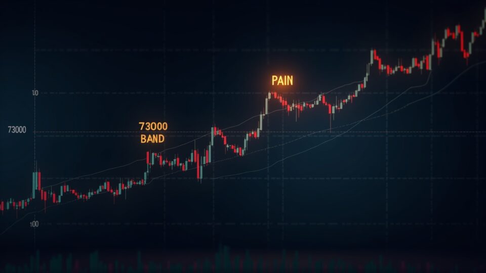 Gráfico realista de Bitcoin con banda de max pain 73k-84k; analista señala la zona en una oficina moderna.