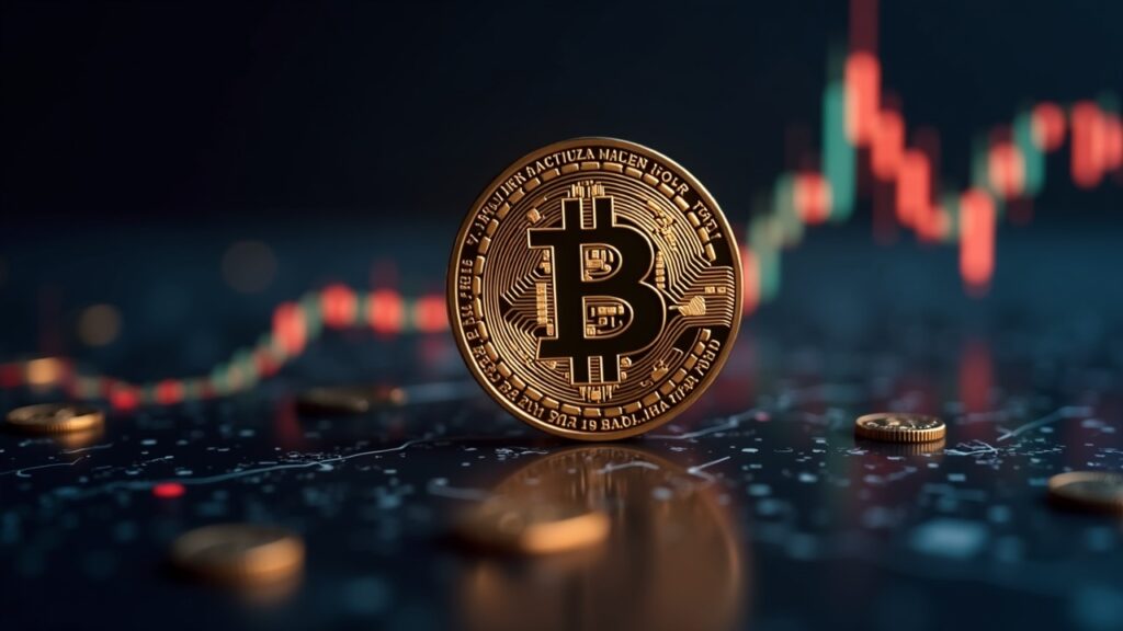 Moneda Bitcoin fotorrealista en primer plano con altcoins atenuadas y gráficas de mercado en alza que señalan una rotación hacia aversión al riesgo.