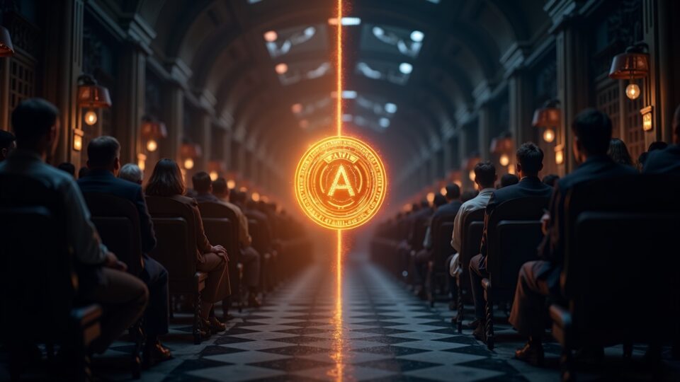 Token brillante similar a AAVE en el centro; izquierda: cámara de gobernanza abarrotada, derecha: bóveda institucional segura.