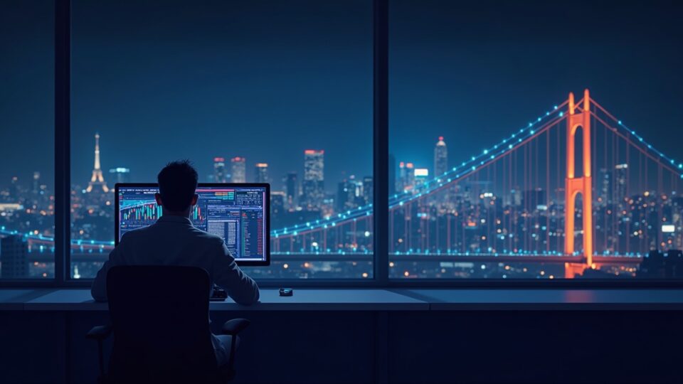 Encabezado realista: operador en un escritorio elegante; pantallas de criptomonedas muestran AAVE, Mantle y Bybit con un puente Layer-2 brillante.