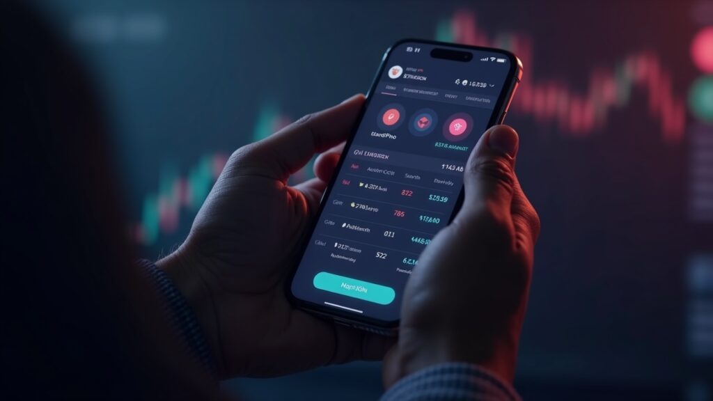 Una persona sostiene un smartphone que muestra una billetera cripto con acciones estadounidenses tokenizadas y un resplandor de la blockchain TON.