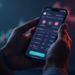 Una persona sostiene un smartphone que muestra una billetera cripto con acciones estadounidenses tokenizadas y un resplandor de la blockchain TON.