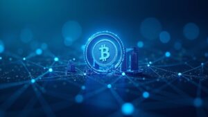 Logotipo fotorrealista de USDT sobre una red multichain y el skyline de ADGM con iluminación azul, señalando la adopción de la stablecoin conforme a la normativa.