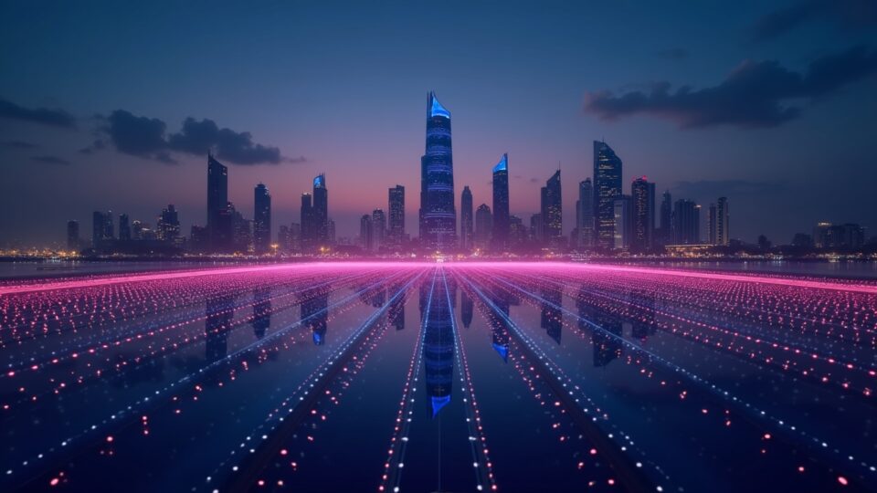 Horizonte de Abu Dabi al anochecer con una superposición de blockchain Capa-2 luminosa y el logo de ADI Chain, simbolizando vías institucionales para los mercados digitales.