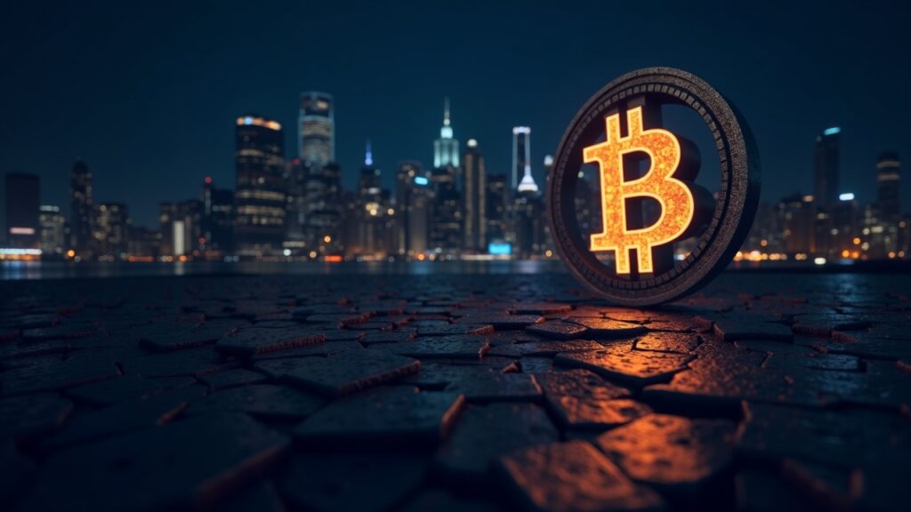Paisaje urbano nocturno con un símbolo de Bitcoin resplandeciente y un gran reloj, evocando el escrutinio de un ETF cripto fuera del horario de negociación.