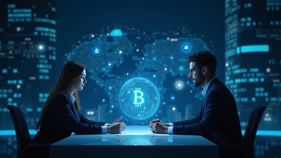 Negociador fotorrealista en un escritorio de noticias cripto con un contrato holográfico entre marcas tipo AI-Disney y Google.