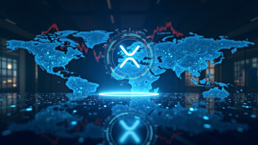 Sala de redacción fotorrealista con un holograma de IA que proyecta bandas de precios de XRP, SOL y ADA sobre un mapa de mercados global.