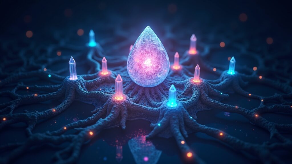 Orbe de cristal fotorrealista en el centro vinculado a una red neuronal multirramificada con pilares de hardware, software, nube y datos de color