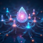 Orbe de cristal fotorrealista en el centro vinculado a una red neuronal multirramificada con pilares de hardware, software, nube y datos de color