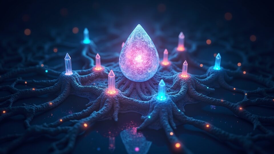 Orbe de cristal fotorrealista en el centro vinculado a una red neuronal multirramificada con pilares de hardware, software, nube y datos de color