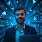 Escena fotorrealista: ejecutivo tecnológico con el logo de TON, bastidores de GPU, redes neuronales y la marca de Telegram.