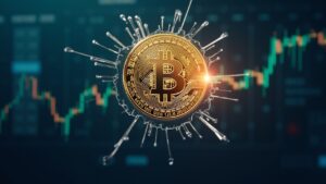 Logotipo de Bitcoin Cash rompiendo un cristal sobre un gráfico de precios en alza con manos de financiamiento institucional.
