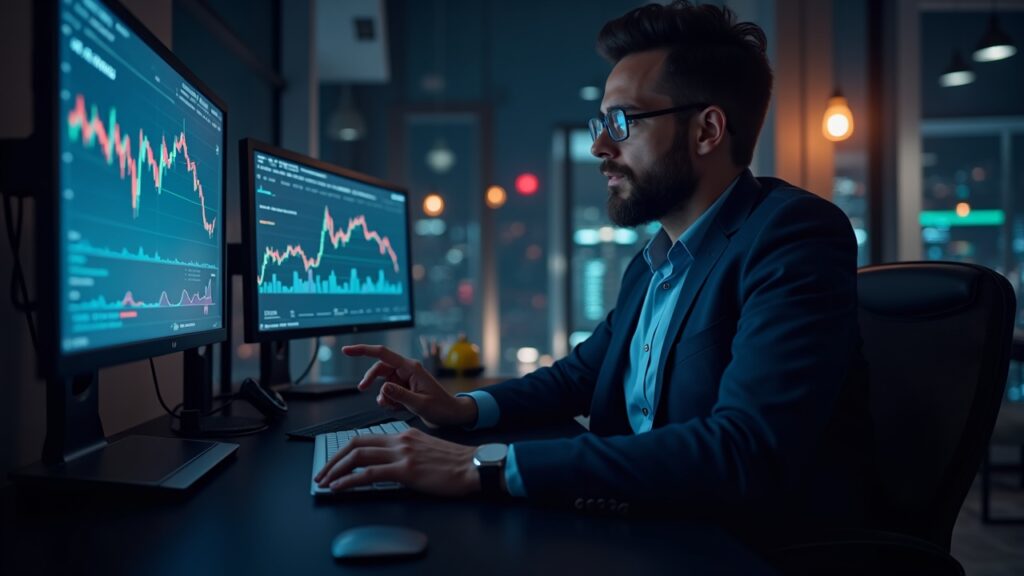 Fotorealista analista cripto en un escritorio elegante con monitores que muestran BTC cerca de 95k y logotipos de altcoins emergentes.