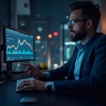 Fotorealista analista cripto en un escritorio elegante con monitores que muestran BTC cerca de 95k y logotipos de altcoins emergentes.