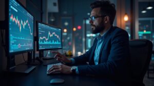 Fotorealista analista cripto en un escritorio elegante con monitores que muestran BTC cerca de 95k y logotipos de altcoins emergentes.