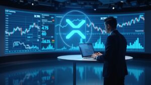 Analista en un escenario de sala de prensa moderna con un holograma del logotipo de XRP brillante sobre paneles de cotizaciones de ETF y gráficos.