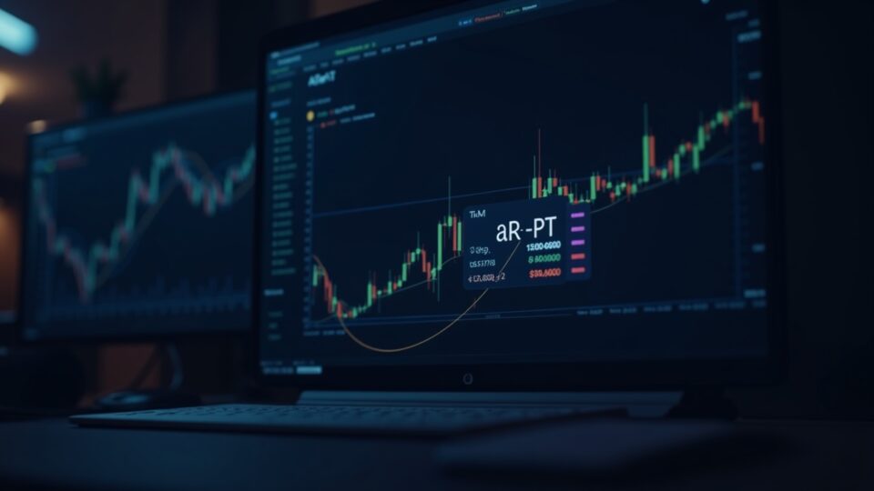 Mesa de trading de criptomonedas con el logo de Aptos, gráficos en alza y datos en tiempo real que señalan interés institucional y divergencia.