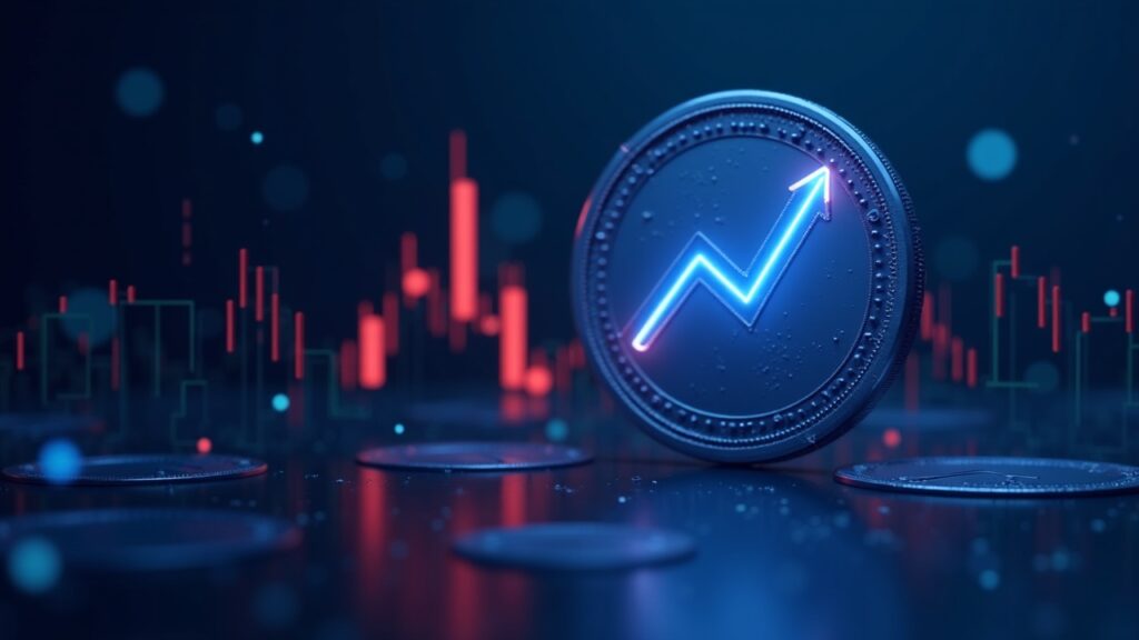Sala de redacción cripto realista con una moneda Aptos luminosa, una flecha de precio roja y un gráfico destacado de pico de volumen sobre un fondo tecnológico azul.