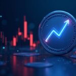 Sala de redacción cripto realista con una moneda Aptos luminosa, una flecha de precio roja y un gráfico destacado de pico de volumen sobre un fondo tecnológico azul.