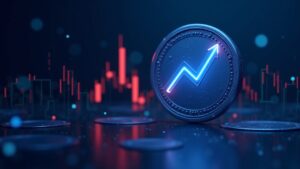 Sala de redacción cripto realista con una moneda Aptos luminosa, una flecha de precio roja y un gráfico destacado de pico de volumen sobre un fondo tecnológico azul.