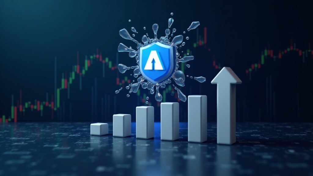 Logotipo fotorrealista de Aptos rompiendo un vidrio sobre un gráfico de precios en ascenso con barras de volumen y una insignia de desbloqueo de tokens.