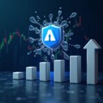 Logotipo fotorrealista de Aptos rompiendo un vidrio sobre un gráfico de precios en ascenso con barras de volumen y una insignia de desbloqueo de tokens.