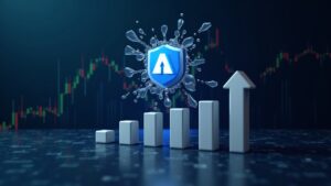 Logotipo fotorrealista de Aptos rompiendo un vidrio sobre un gráfico de precios en ascenso con barras de volumen y una insignia de desbloqueo de tokens.