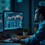 Escena fotorrealista de escritorio con un gestor de fondos monitorizando los tickers COIN, BLSH y BMNR en grandes pantallas, con la marca ARK.