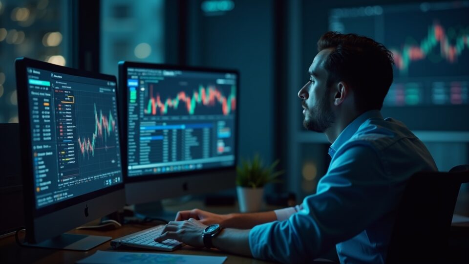 Escena fotorrealista de escritorio con un gestor de fondos monitorizando los tickers COIN, BLSH y BMNR en grandes pantallas, con la marca ARK.