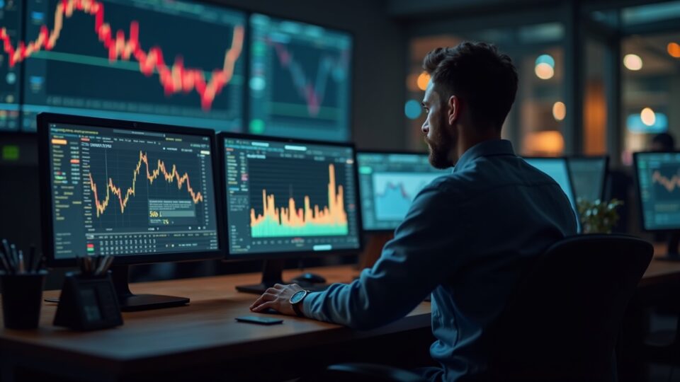 Sala de redacción cripto fotorrealista con un operador en un escritorio; las pantallas muestran la subida del oro y criptomonedas amortiguadas, token de Bitcoin en el centro.
