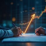 Un analista en un escritorio financiero analiza un aumento holográfico del suministro de USD1 con el logo de Binance y documentos regulatorios cerca.