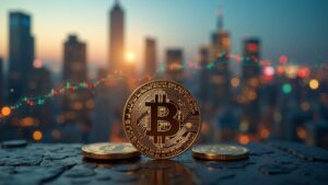 Moneda Bitcoin fotorrealista en primer plano con el horizonte de la ciudad, tickers en alza y sutiles iconos de flujos de entrada de ETF y regulación.