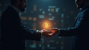 Asesor bancario fotorrealista entrega a un cliente un Bitcoin luminoso, con un resplandor de blockchain en el fondo